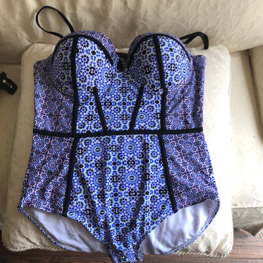 Retro Bathing Suit Black With Blue Fun DesignSize 46 But More Likexl